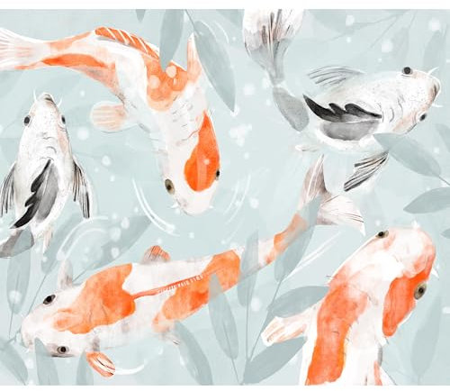 decomonkey Fototapete Fische 350x256 cm XXL Design Tapete Fototapeten Tapeten Wandtapete moderne Wand Schlafzimmer Wohnzimmer Deko Modern Japan Asien Koi Karpfen Natur Tiere grau