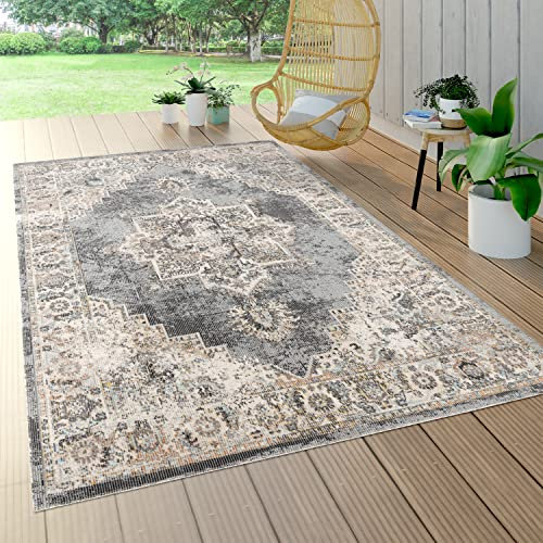 Paco Home Outdoor Teppich Wetterfest Wohnzimmer Balkon Küche Schlafzimmer Marokkanisch Muster Ornamente Mandala Grau Beige, Grösse:140x200 cm