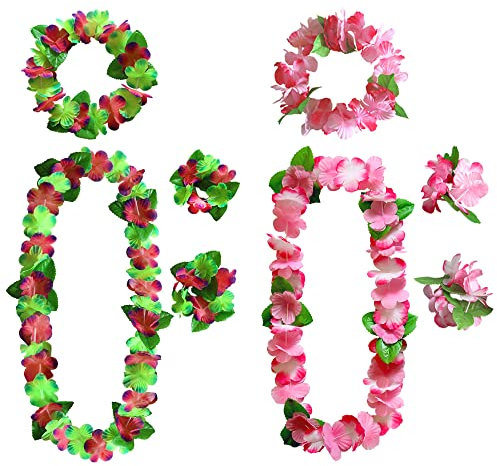 AWCIGG Hawaii Kette Set, Grün Violett Rosa Hawaii Blumenkette Stirnband und Armband, Blumenkette mit Grünen Blättern, Hohe Dichte Hawaii Kette Blumen, Hawaii Luau Beach Party Dekorations