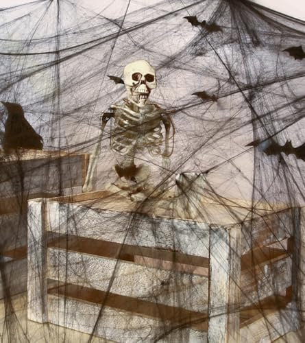 Komonee 2 x Spiderweb Halloween Stretchy Fake Spider Cob Web with Spiders Indoor Outdoor Garden Haunted House Party Decoration Black