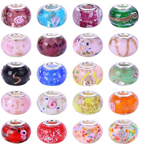Victlov 50 cuentas espaciadoras europeas de gran agujero, lote floral de colores mixtos, cuentas de cristal de Murano, núcleo de color plateado para hacer joyas