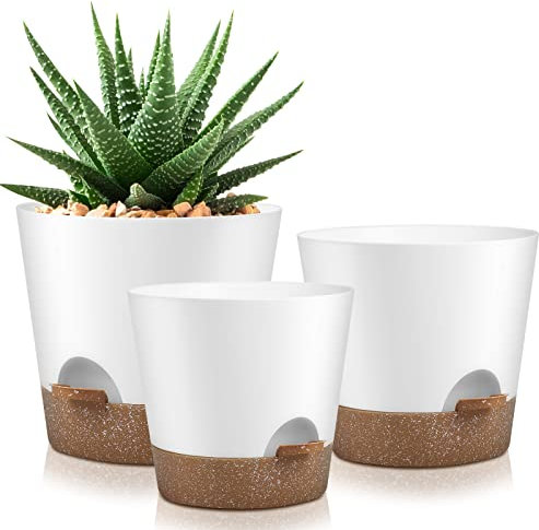 YNNICO Indoor Self Watering Plastic Flower Pots, Planters with Drainage Holes and Saucers, 9,8, 7.5 Inches, Green, 3 Pots (Snow)