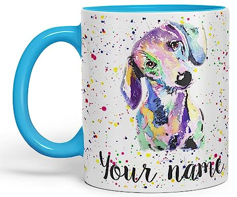Vixar Personalised with Your Text Dachshund Sausage Dog Wiener Badger Pet Watercolour Art Coloured Ceramic Mug Cup Gift 330ml 11oz Custom Work Office Tea Coffee (L Blue)