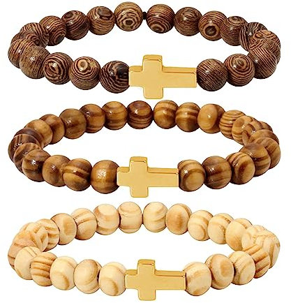Eigso 3 Pcs Holzperlen Armbänder für Frauen Männer Hämatit Gold Kreuz Anhänger Holz Armband Set für Frau Mann