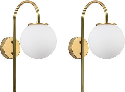 HYKISS Wandleuchter 2er Set,Gebürstetem Messing Und Weißem Glas Globus Wandlampe,Mid Century Modern Retro Vintage Style Indoor Wandleuchte Für Schlafzimmer Nachttisch Wohnzimmer (Color : A)