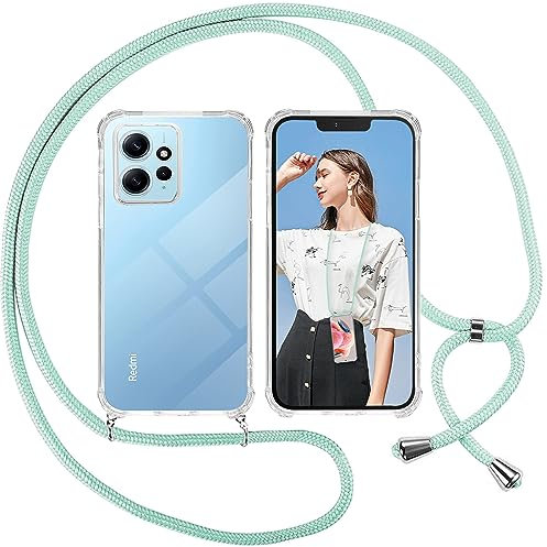 ISOI Funda con Cuerda para Xiaomi Redmi Note 12 4G, Carcasa Transparente TPU Suave Silicona Case con Correa Colgante Ajustable Collar Correa de Cuello Cadena Cordón, Verde
