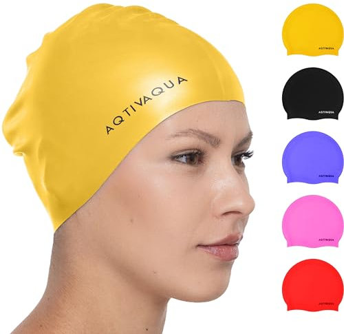 Aqtivaqua Bonnet de Bain Femme et Homme, Bonnets de Bain Piscine en Silicone 100% Imperméable pour Adulte, Bonnet Natation Extensible pour Garder Les Cheveux au Sec (Jaune)