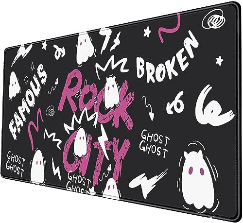 Geister-Mauspad, groß, 80 x 40 cm, Schwarz / Weiß / Rosa, Schreibtischunterlage, Halloween-Horror-Rock, Schreibtisch-Tastatur-Pad, für Schreibtisch mit genähten Kanten, rutschfest