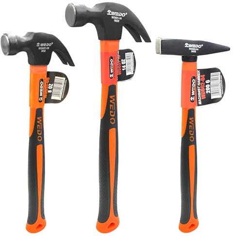 WEDO 3PCS Hammer Set,8oz Claw Hammer,16oz Claw Hammer,7oz Cross Pein Hammer (200g),High Carbon Steel,Shock Absorbing Fiberglass Hammer, Prying Nails, Construction, Gardening,Yard Work, Repairing