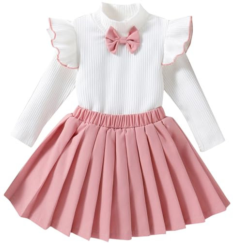 Winmany Tenue d'automne 2 pièces pour petites filles Ensemble d'hiver côtelé à manches longues et jupe plissée Chiffons blancs et roses (Manches longues + Jupe, 6-12M)