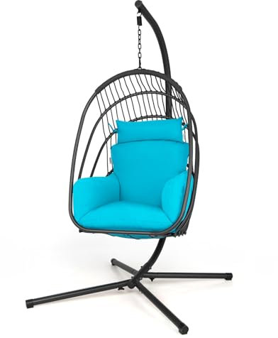 RELAX4LIFE Swing Egg Chair with Stand, Folding Garden Patio Hanging Chair with Cushion & Pillow, Indoor Outdoor Hammock Chair for Backyard, Balcony, Living Room (Turquoise)