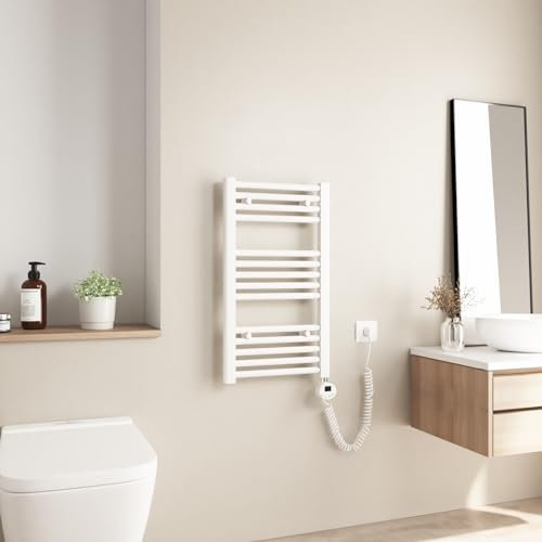 Heilmetz Scaldasalviette Elettrico Bagno 700x400mm, Termoarredo Elettrico Bagno con Temperatura Regolabile, Termostato Intelligente, Radiatore Elettrico Basso Consumo da Parete Verticale, Bianco