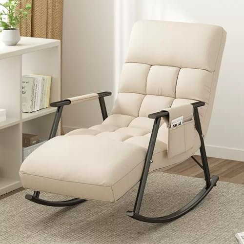 Modern Gepolstert Schlafzimmer Rocking Chair, Komfortabel Wohnzimmer Armlehnen Schaukelstuhl, Atmungsaktiv relaxsessel mit Seitentaschen, Verstellbare Höhe der Rückenlehne und Fußstütze ( Color : Beig