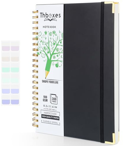 A4 Spiral Notebook, 300 Pages/150 Sheets Wirebound Spiral Notepad 110gsm Thick Paper Journal Notebook with Index sticker,Pocket,Elastic Band Notebook for Business Office School Travel 29.7x21cm Black