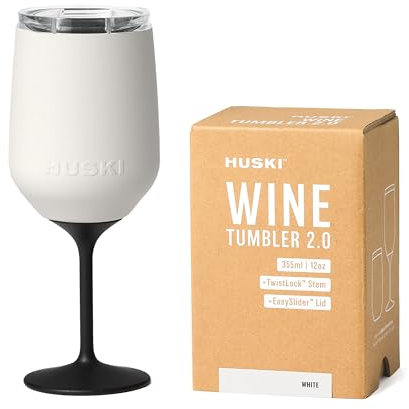 Huski Gobelet à Vin 2.0 | NOUVEAU | Verre à Vin en Acier Inoxydable Premium avec Couvercle | Tige Détachable | Tasse Isotherme Triple Paroi | Capacité de 355 ml (Blanc)