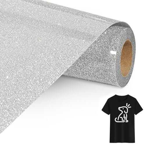 Bocguy Plotterfolie Textil Glitzer Silber, 30.5 CM x 305 CM Heat Transfer Vinyl Flexfolie Glitzer Rollen, Plotterfolie Glitzer für Eisen Heiße Presse, T-Shirts & Mehr Stoffen (Glitzer Silber)