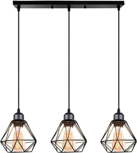 Hobaca 3-flammig Pendelleuchte Vintage Industrial Hängelampe mit Geometrischem Design E27 Lampe aus Eisen Käfig Lampenschirm Schwarz Hängeleuchte für Esstisch Küche (Pendellampe, Balken)