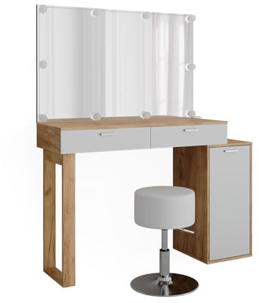 Vicco Schminktisch Regina, Goldkraft Eiche/Weiß, 129.6 cm mit Beleuchtung und Hocker