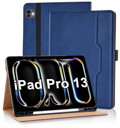 Vkooer Coque pour iPad Pro 13 Pouces M4 (2024), Housse Cuir PU Case [Réveil/Veille Automatique] Etui de Protection avec Support Fonction FILP Cover, Poche Avant pour iPad Pro 13, Bleu