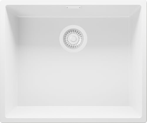 PRIMAGRAN Fregadero Cocina Todo Blanco 56x47cm, Granito 1 Seno + Sifón, Sobre encimera al mueble 60cm - London Slim