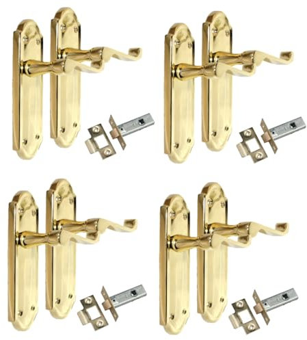 Ashford Brass Internal Latch Door Handles - Door Handles Internal Sets, Brass Door Handle Set for Internal Doors, Door Handle in Electro Brass, 170mm x 48mm (4 Pair of Latch Handles + Tubular Latch)