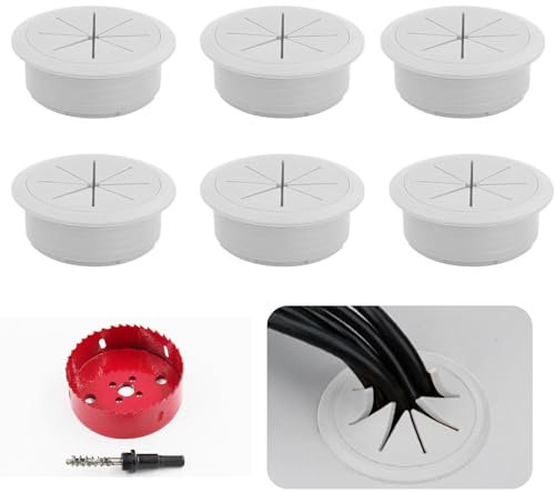 Irtyif Pasacables Escritorio,Pasacables Mesa,60mm Pasa Cables De Escritorio,6 Piezas Blanco Pasacables De Mesa DE Plastica Con Sierra Perforadoras,Para Cable De Mesa De Oficina y Hogar