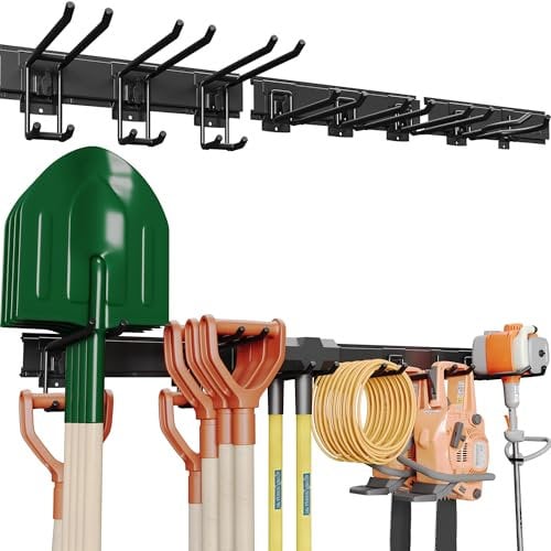 BONTEC Supporto per Attrezzi da Parete, Pannello Portautensili Garage da 122 cm con 8 Ganci Regolabili, Binario 7,8 cm, Porta Scope, Porta Bici, Organizer Officina, Antiruggine, Attrezzi Giardino,Nero