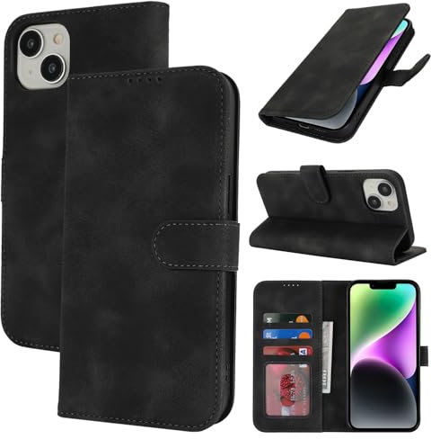 Zouzt Hülle für iPhone 14 / iPhone 13 6,1-Zoll, Stoßfestes PU Leder Handyhülle Lederhülle Klapphülle mit Kartenhalter und Standfunktion Flip Leather Wallet Phone Cover (Vintage Schwarz)