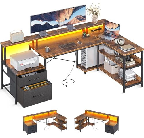 ODK Bureau d’Angle en L avec Rangement et Tiroirs, 172.5×100cm Grand Bureau Gaming Réversible avec LED, Prise de USB et Prises Courant, Table Informatique pour Chambre ou Coin Travail, Brun Vintage