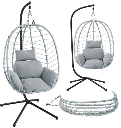 STEELSØN Hängesessel mit Gestell Alarian, höhenverstellbar und faltbar, Balkonsessel Outdoor und Indoor, Korbhängesessel aus Polyrattan mit Kissen hellgrau/grau