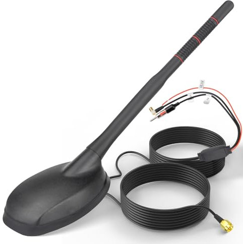 Eightwood Aktive DAB DAB+ Antenne Auto Digital Radio GPS DAB FM Antenne Auto Dachantenne Autoantenne mit Verstärker with SMB/SMA Stecker DIN Adapter Auto Radio Splitter Amplifier Verlängerung Kabel 5M