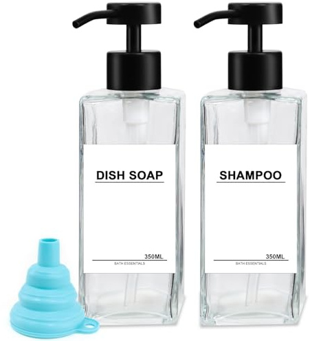 2STK Seifenspender Glas Durchsichtig 350ml Duschgel Spender Shampoo Flaschen zum Befüllen Modern Spülmittelspender Küche Pumpkopf Edelstahl, Pumpflasche Shampoo für Dusche Badezimmer