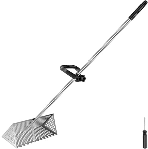 Rastrello per sabbia in acciaio inox, resistente, 173 cm, regolabile, setaccio per sabbia da spiaggia con denti, cestino staccabile, impugnatura ergonomica, facile da montare, pala per granchio di