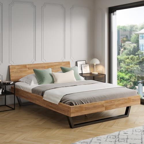 skølm Alver Massivholzbett 140x200 cm – Bettgestell aus Massivholz Eiche geölt – Holzbett mit schwarzen Metallkufen – hochwertiges Bett mit 1 Strebe als Bettkopf – Bettrahmen geeignet als Doppelbett