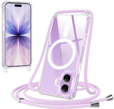 Jrkvniv Magnética Funda con Cuerda para iPhone 17 Carcasa, Compatible con MagSafe, Transparente Delgada TPU Silicona Anti-Choque Antiarañazos Protector Case con Ajustable Correa Colgante, Púrpura