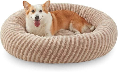 Pawk Hundebett Grosse Hunde, Große Katzenbett Flauschig, Hundekorb Waschbar Abnehmbar, Rund Hundebett rutschfest Füllung Granulat und Memory-Schaum, Braun, 91x91x25cm