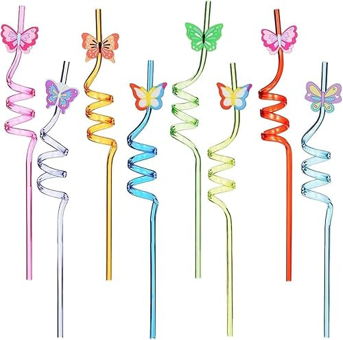 Pailles en Spirale, Papillon Pailles à Boire Réutilisables pour Enfants, Décorations de Fête pour Cocktail Boissons Fruits pour Enfants Fête Anniversaire 8 Pieces