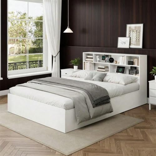 Stauraumbett 140x200 cm - Doppelbett aus Massivholz mit USB-Anschluss & Stauraum, Ohne Matratze, Weiß - Funktionales Bett mit Unterbett-Boxen