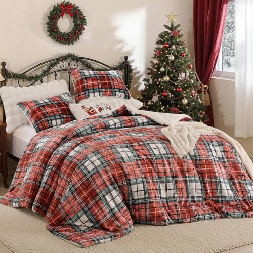 Weihnachts Bettwäsche 155x220 Biber Flauschige Flanell Winter Bettwäsche | ÖKO-TEX Zertifiziert,Rot Kariert Gitter Muster,Bettwäsche für Allergiker,Bettbezug mit Reißverschluss 1 Kissenbezug 80x80 cm