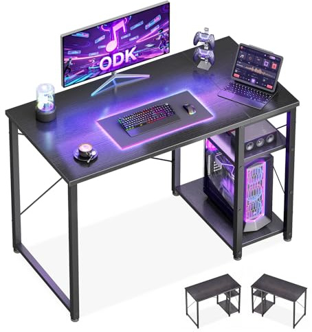 ODK Gaming Desk with Shelves, Small Computer Desk, 100 x 48 cm, Black | Office Desk with Adjustable Shelves, Reversible PC Desk for Gamers and Workers, Simple Assembly, Modern Style in Small Space