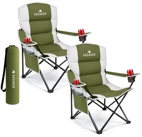 VOYAGER 2 Pack Outdoor Camping Chair Set,120kg Capacity, 3.3kg Per Chair, Waterproof Folding Chairs with Cup Holder & Side Pockets, Portable Chairs for Garden, Fishing, Picnic Camping & Travel Comfort