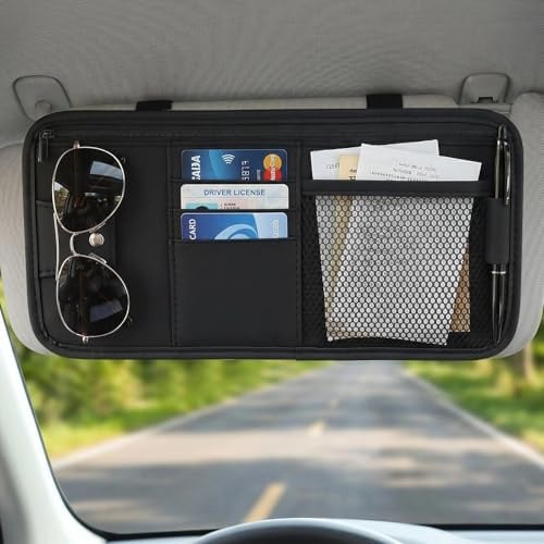 Organizer Parasole per Auto, Tasca con Cerniera in Pelle per Carte, patente, Penne, Occhiali, Documenti, Accessori Auto (Nero)