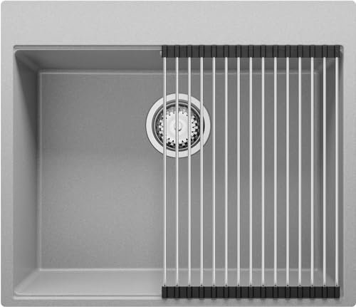 PRIMAGRAN Fregadero Cocina Gris 58x50centímetros, Fregadero Granito 1 Seno + Sifón + Enrollable Escurridor, Fregadero sobre encimera al mueble 60centímetros - Oslo