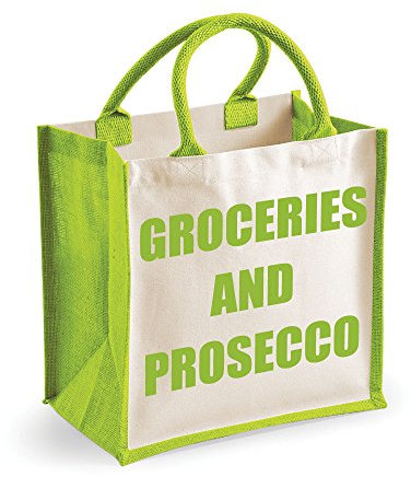 60 Second Makeover Lebensmittel aus mittlerer Jutesack und grüne Tasche aus Prosecco