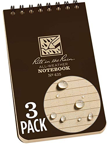 Rite in the Rain Weatherproof Top Spiral Notebook, 3 x 5, Brown Cover, Universal Pattern, 3 Pack (No. 435-3)