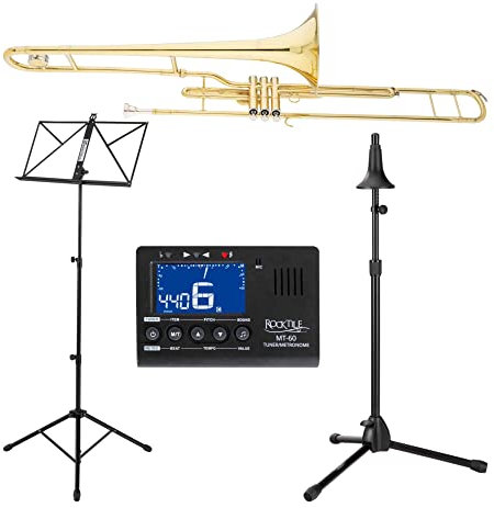 Classic Cantabile Brass VP-16 Ventilposaune Set - Bb-Tenor Posaune - Schallbecher: 203 mm Messing - Neusilber-Ventile - inkl. Mundstück, Leichtkoffer, Metronom/Tuner, Notenständer & Posaunenständer