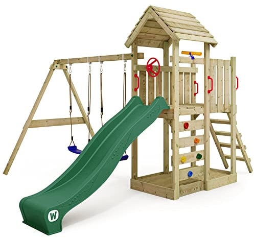 WICKEY Aire de Jeux MultiFlyer portique avec Toit en Bois & balançoire et Toboggan Vert, Tour d'escalade pour Enfants avec bac à Sable, échelle et Accessoires de Jeu pour Le Jardin.
