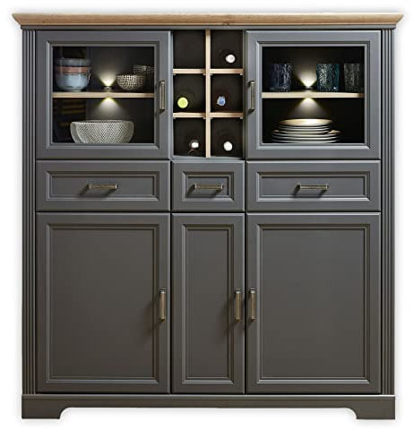 Stella Trading JASMIN Highboard in Artisan Eiche Optik, Graphit - Wohnzimmerschrank mit Schubladen und LED-Beleuchtung im Landhausstil - 143 x 150 x 42 cm (B/H/T)