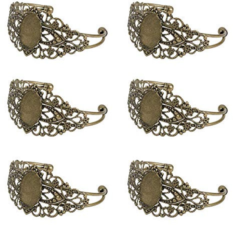 PandaHall 5 Sets Messing Armband Blank Mit 25x18mm Ovalen Runden Cabochon Einstellungen Lünette Tablett Für Schmuck Herstellung Manschette Armreifen Armbänder Antik Bronze