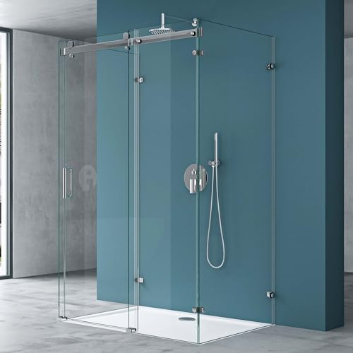 Mai & Mai U-Form Duschkabine 100x120x100cm Schiebetür | Duschabtrennung Rahmenlos Höhe:195cm 8mm ESG Nano Klarglas 4-Punkt Halterung Dusche Rav17-2UK
